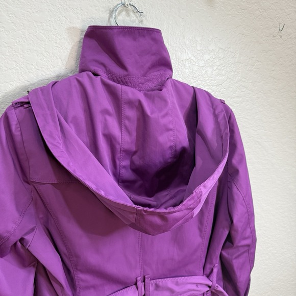 LONDON FOG Trench Coat Purple Grape Jacket With Hoodie & Belt Women Size PM - Picture 9 of 10
